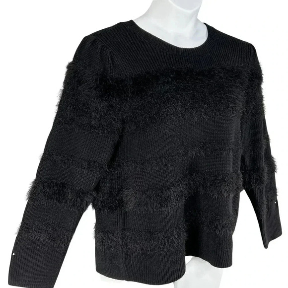 Calvin Klein Womens L Black Fuzzy Textured Knit Sweater Soft Faux Fur Crew Neck - Picture 8 of 16